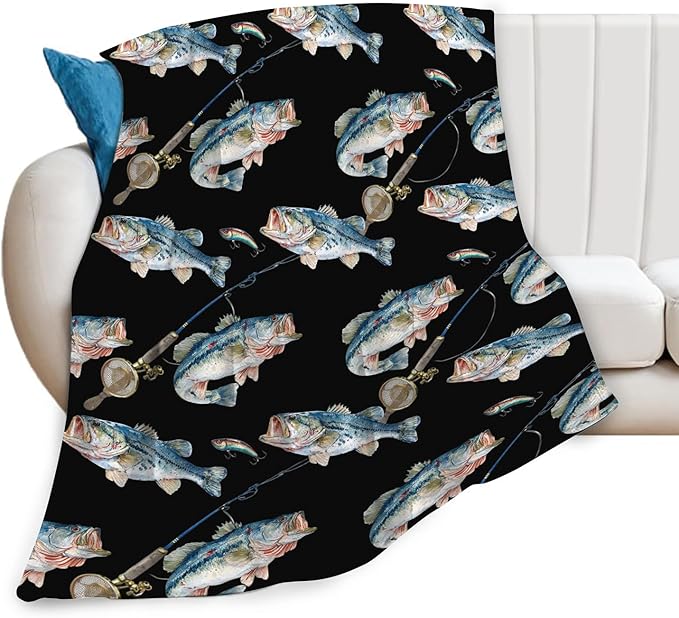 Bass Fish Blanket for Girls Women Boys Men Adults Kids Soft Cozy Fleece Fishing Throw Blankets Fisherman Gifts Warm Flannel Plush Lightweight Decor for Couch Bed Sofa 50"X40"