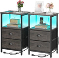 Nightstand with Charging Station, LED Night Stand Set of 2, Bedside Table End Table with Drawer, Bedroom Tables with 2 Fabric Drawers, 3-Tier Storage Side Table for Bedroom, Black Oak