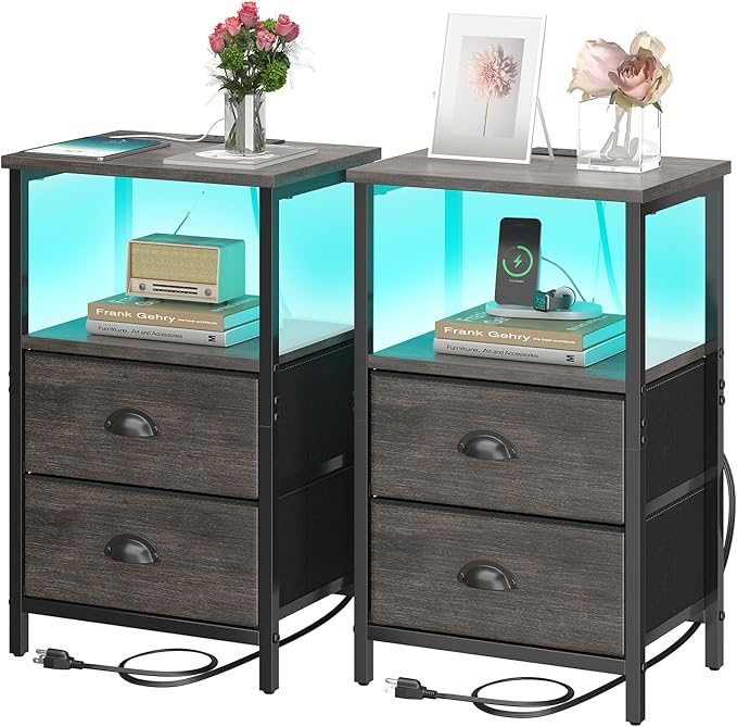 Nightstand with Charging Station, LED Night Stand Set of 2, Bedside Table End Table with Drawer, Bedroom Tables with 2 Fabric Drawers, 3-Tier Storage Side Table for Bedroom, Black Oak