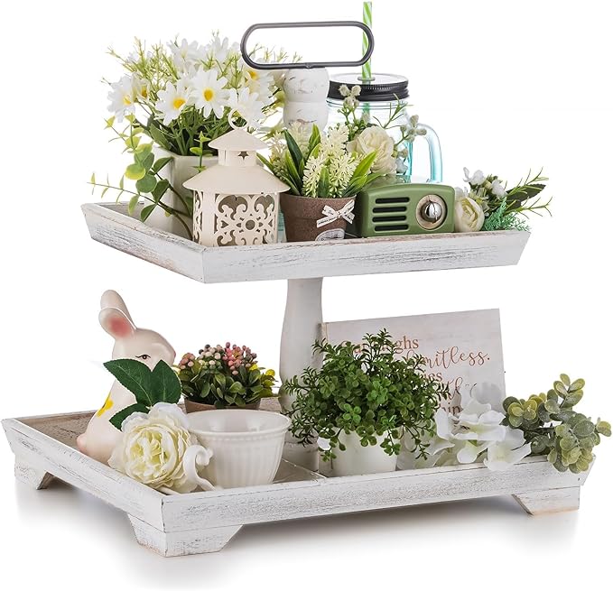 Hanobe Tiered Tray for Table Decor: Spring 2 Tier Decorative Tray Stand for Coffee Bar - Large Farmhouse White Display Stands for Holiday - Wood for Kitchen Counter Decorations
