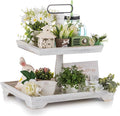 Hanobe Tiered Tray for Table Decor: Spring 2 Tier Decorative Tray Stand for Coffee Bar - Large Farmhouse White Display Stands for Holiday - Wood for Kitchen Counter Decorations