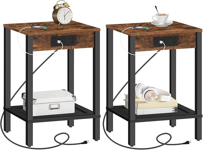 HOOBRO Side Table with Charging Station, Set of 2 End Table with USB Ports and Outlet, Nightstand with 2-Tier Storage Shelf, Faux Rattan Decoration, for Small Space, Rustic Brown and Black BF91UBZP201