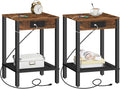 HOOBRO Side Table with Charging Station, Set of 2 End Table with USB Ports and Outlet, Nightstand with 2-Tier Storage Shelf, Faux Rattan Decoration, for Small Space, Rustic Brown and Black BF91UBZP201