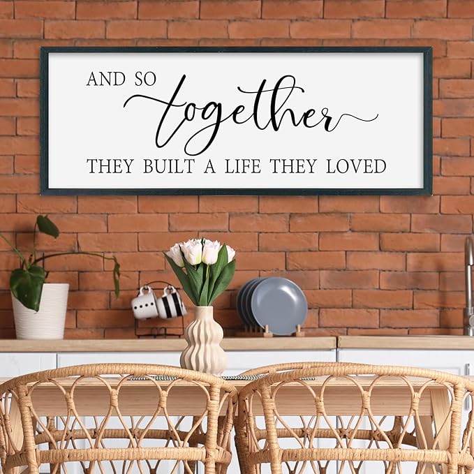 SRSZHIYUE And So Together They Built A Life They Loved Family Quotes Wall Decor 32"×12" Modern Minimalist Wedding Rustic Above Bed Bedroom Sign Large Wood Framed Wall Hanging (Black)
