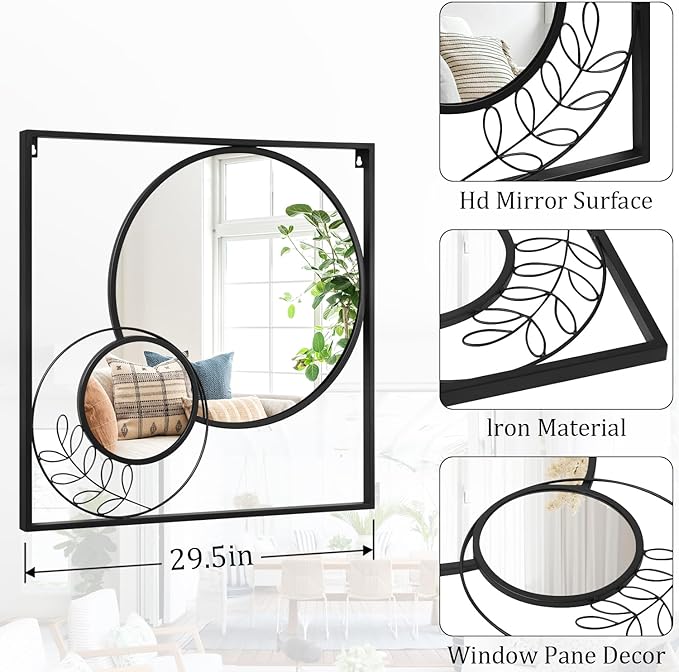 Black Large Square Mirror, Round Wall Mounted Mirror Set Circle Modern Decorative Mirrors for Living Room Bedroom Entryway 30x30 Inch Decor
