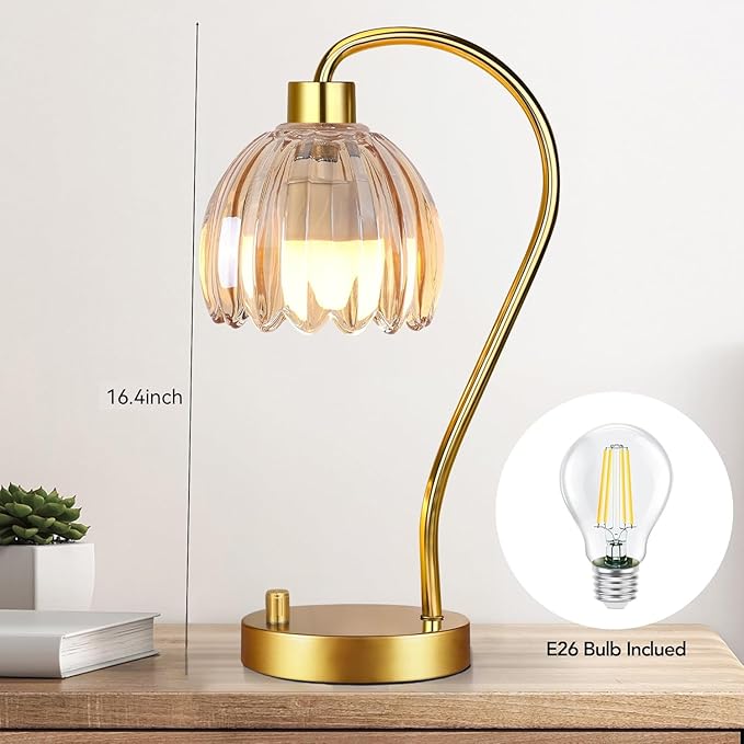 Small Table Lamp Set of 2,Gold Bedside Lamps Dimmable Boho Bedroom Lamp with Glass Tulip Flower Amber Lamp Shade,Vintage Mid Century Modern Mini Nightstand Lamp for Bedroom Living Room