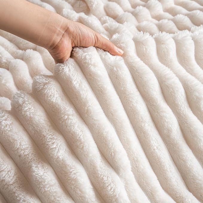 Wider Striped 380gsm Thick Beige Throw Blanket for Couch Super Soft Cozy Blankets for Women Fuzzy Fleece White Blanket for Bed Sofa 50x60