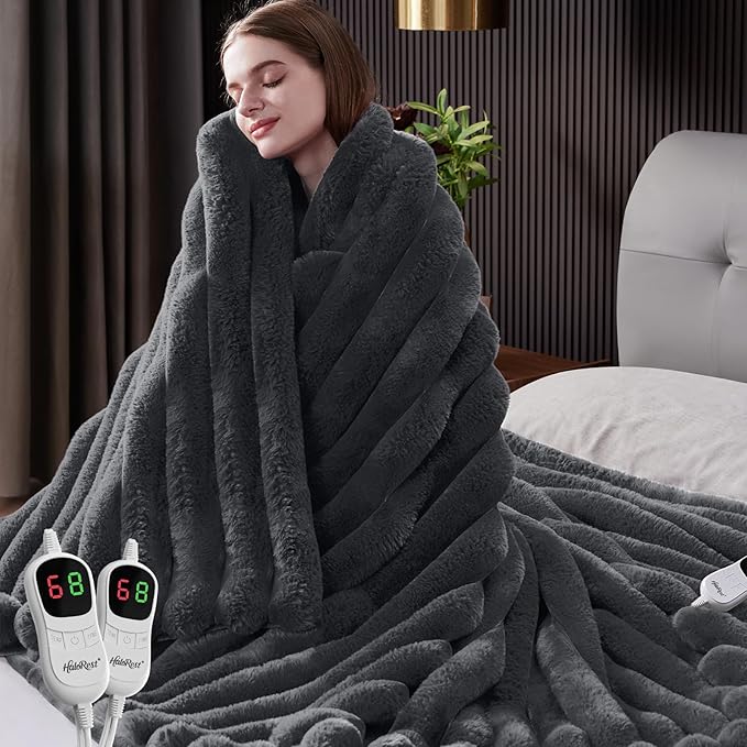 Heated Blanket Queen Size, Faux Fur Cozy Heating Blanket with Overheat Protection, 1/2/4/6/8 Hours Auto-Off 10 Heat Level, Machine Washable (84x90 Inches, Darkgrey)