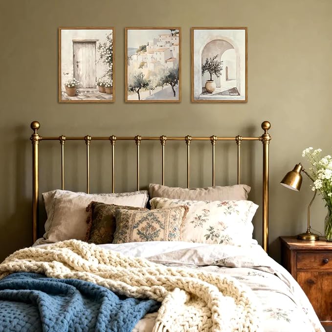 Framed Vintage Italian Wall Art Set of 3, Rustic Neutral Olive Tree Pictures Wall Decor, Mediterranean Farmhouse Landscape Paintings Canvas Prints Country Home Decor for Living Room Bedroom 12x16 inch