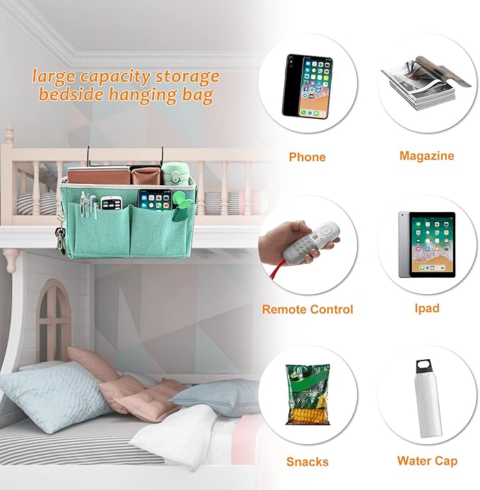 Surblue Bedside Caddy Bedside Storage Bag Hanging Organizer for Bunk, Hospital Beds, Dorm Rooms Bed Rails Camp 4 Pockets and 2 Hooks (Green)