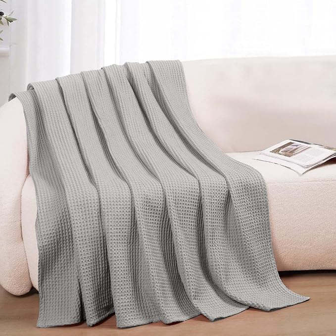 100% Cotton Blankets for Bed - Waffle Weave Blankets for Summer, Lightweight and Breathable Soft Woven Blanket for Spring (Light Grey, Throw (50" x 60"))