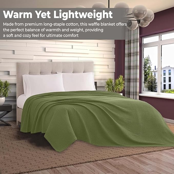 100% Cotton Blankets for Bed - Waffle Weave Blankets for Summer, Lightweight and Breathable Soft Woven Blanket for Spring (Olive Green, Queen (90" x 90"))