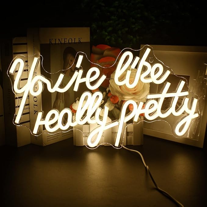 Lucunstar You're Like Really Pretty Neon Sign Warm White Led Neon Light for Wall Decor Light Up Sign for Wedding Dimmable Switch USB Connectivity Neon Signs for Bedroom Decor Party Light
