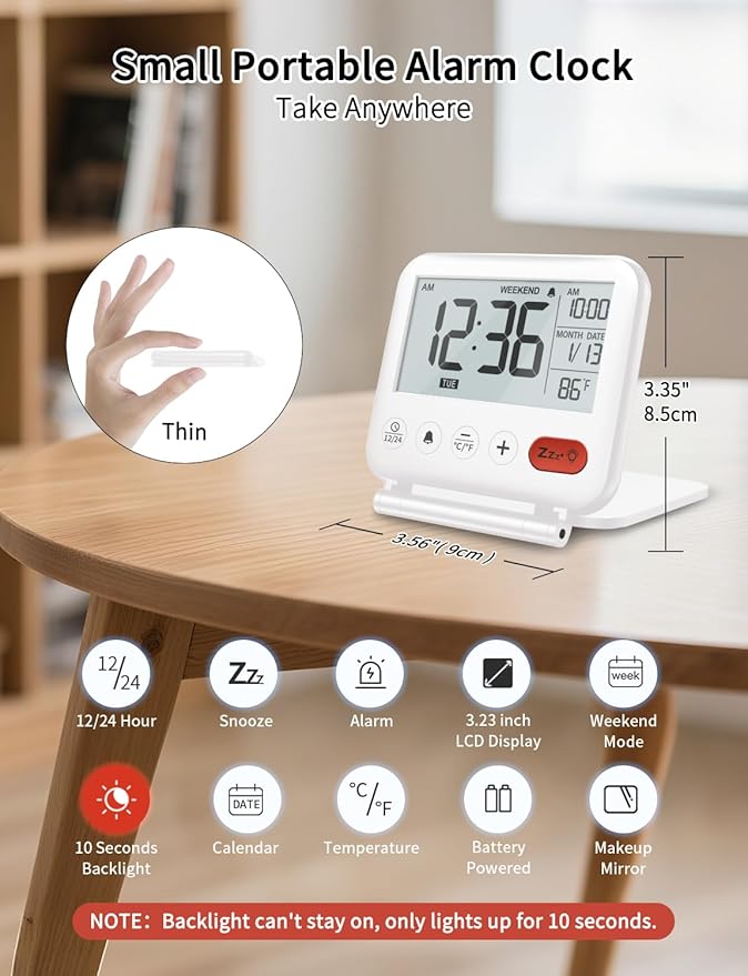 NOKLEAD Digital Travel Alarm Clock - 3.23 inch LCD Display, Temperature, 9-Minute Snooze, 10s Backlight, Battery Included (White)