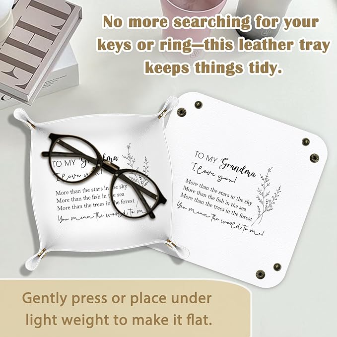 Grandma Gifts Leather Jewelry Valet Tray,Best Grandma Gifts for Christmas from Grandkids PU Leather Catchall Beside Caddy Nightstand Organizer Tray for Jewelry Rings Watches Keys,7.8x7.8inch