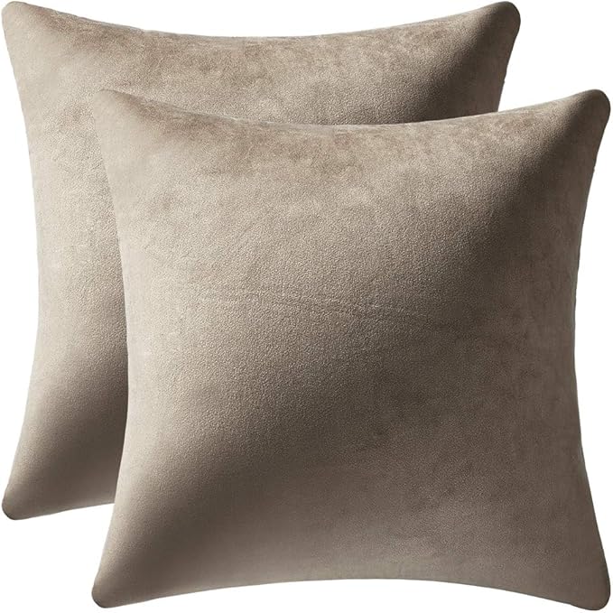 DEZENE Throw Pillow Covers 16x16 Taupe: Pack of 2 Cozy Soft Velvet Square Modern Luxury Decorative Throw Pillow Cases for Sofa Couch Living Room Bed Home Decor