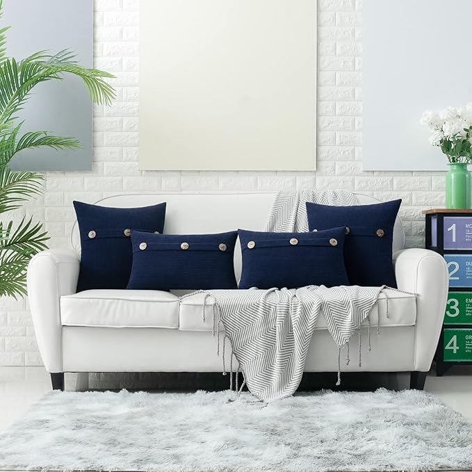 HWY 50 Navy Blue Chenille Throw Pillow Covers 16x16 Inch with Triple Buttons, Soft Farmhouse Accent Decorative Cushion Cases for Couch Sofa Bed Living Room Pack of 2