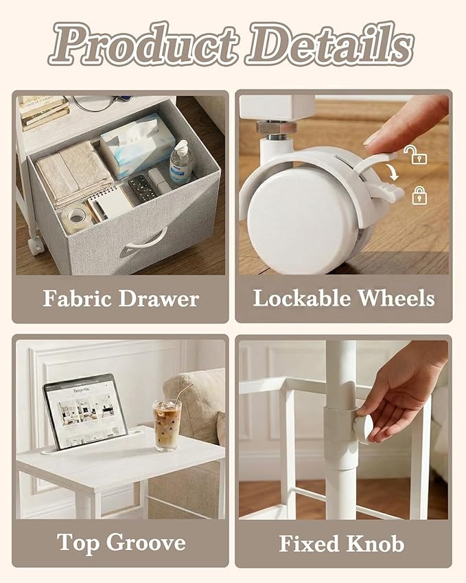 360° Swivel Nightstand with Height Adjustable, Lift Top Bedside Table with Charging Station, Rolling Night Stand with Fabric Drawer, End Table with Wheels, for Bedroom, Living Room, White Gray