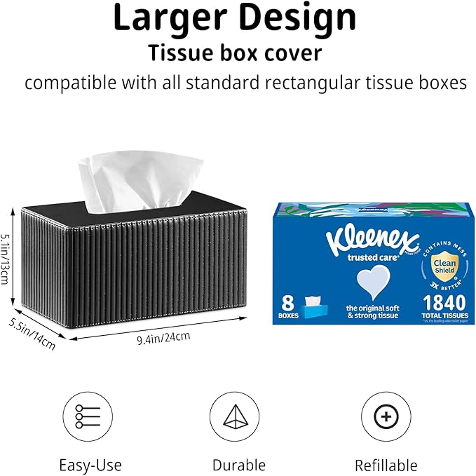 PUSU Plus Rectangular PU Leather Tissue Box Cover with Buckle Bottom - Modern Facial Tissue Dispenser Holder for Bathroom Vanity, Bedside Table, Bedroom, Office & Home Decor