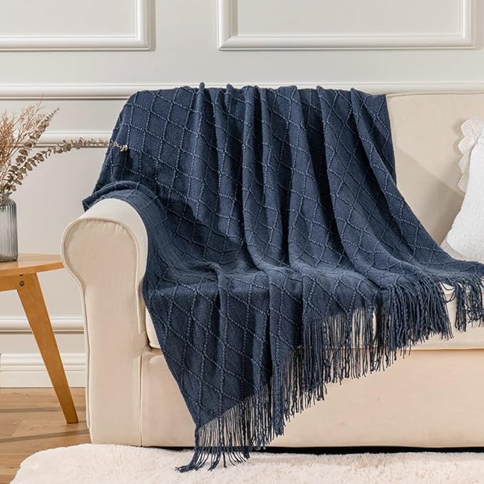 BATTILO HOME Navy Blue Throw Blanket with Fringe, Geometric Bed Blue Throws, Spring Decorative Large Throw for Couch Sofa Indoor Outdoor, 52"x80"