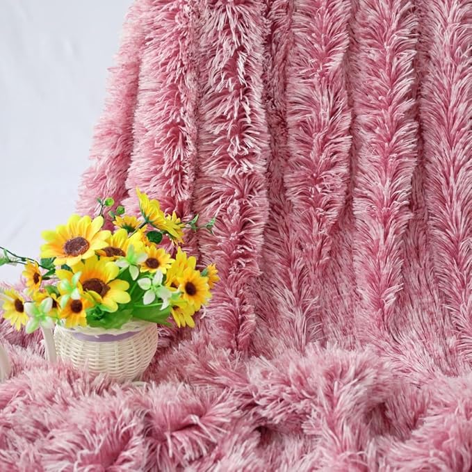 Plush Super Soft Blanket Bedding Sofa Cover Furry Fuzzy Fur Warm Throw Qulit Cozy Couch Blanket for Winter (63"x79",Light Burgundy and White)