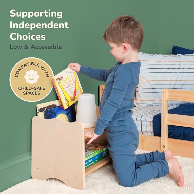 Ocodile Kids Nightstand for Floor Beds, Solid Wood Small Bedside Table with Book Pocket, Low Tiny Nightstand for Nursery, Toddler & Kids Room, Montessori Style Side Table - Varnished