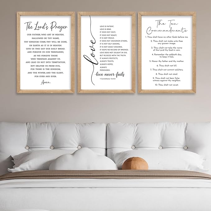 comurdyo Christian Bible Verse Wall Art 24"×16" Set of 3 Positive Religious Minimalist Quotes Sign for Rustic God Jesus Christ Prayer Inspirational Catholic Scripture Decor Wood Framed Hanging (Wood)
