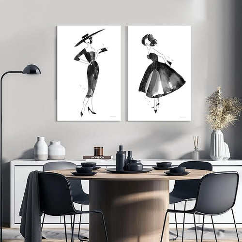 2 Pieces Fashion Women Canvas Wall Art Trendy Models Painting Black and White Funky Poster Pictures Framed Artwork for Bedroom Bathroom Makeup Room Decor 12"x16" (30cmx40cm)