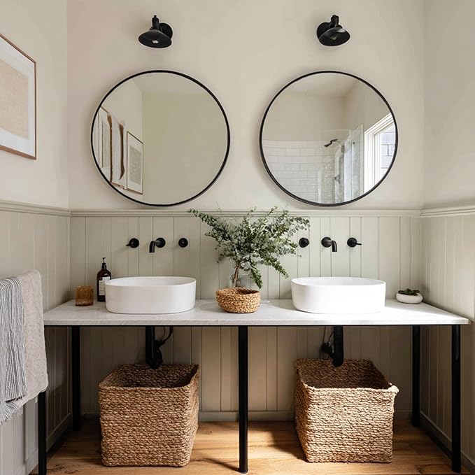 Black Round Mirror 24 inch, 2 Pack Black Circle Mirror, Round Bathroom Mirrors Metal Frame for Bathroom, Bedroom, Living Room, Hallway.