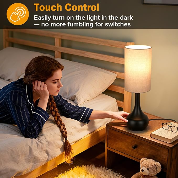 Touch Table Lamp for Nightstand, 3-Way Dimmable, Space Saving & No Assembly Required, Upgraded Small Farmhouse Black Bedside Lamp for Bedroom, Living Room, Office (Bulb Included)