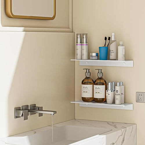 2-Piece Glossy White Metal Floating Shelves - Aluminum Alloy Wall Mounted Shelf No Drilling, Rust-Proof, 15.7" Width for Home Decor & Storage in Living Room, Bedroom, Bathroom