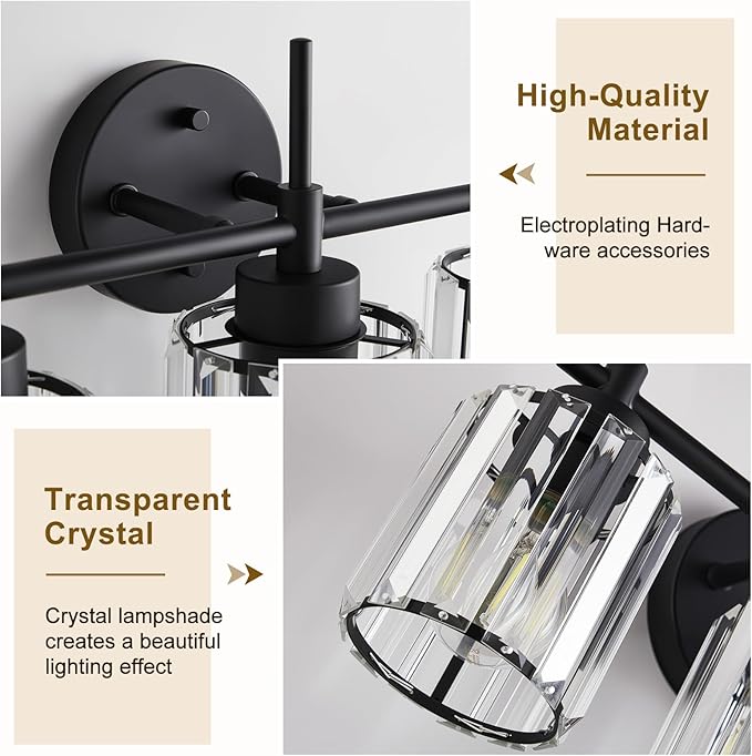3 Light Black Crystal Vanity Light, Modern Bathroom Vanity Light Over Mirror, Up and Down Mount Wall Sconce Lighting for Bathroom Bedroom Living Room Hallway