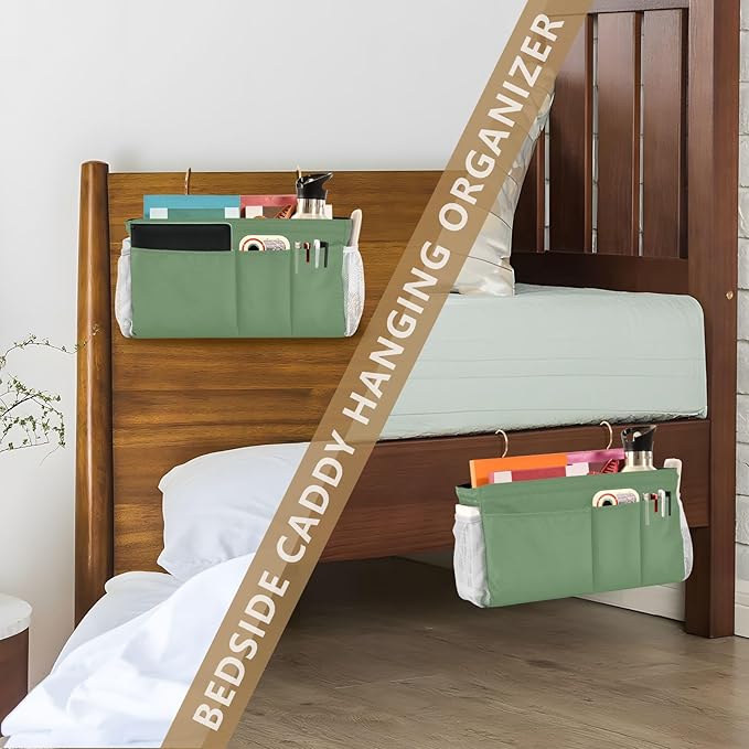 DOMIKING Sage Green Bedside Caddy for Dorm Bed Recliner Armrest Organizer with Hooks Haning Storage Pocket for Couch Recliner Remote Control