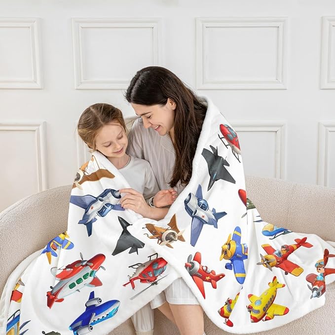 Aircraft Sherpa 3D Print Airplane Throw for Kids Teen Boys, Fighter Flight Helicopter Fleece Blanket, Cartoon Aviation Theme Fuzzy Ultra Soft Baby 30"x40" White