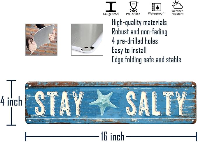 Beach Wall Decor Summer Decorations For Home Bedroom Metal Tin Sign Beach Themed Room Decor Starfish Wall Decor House Bathroom Decor Stay Salty Metal Tin Signs 4x16 Inch