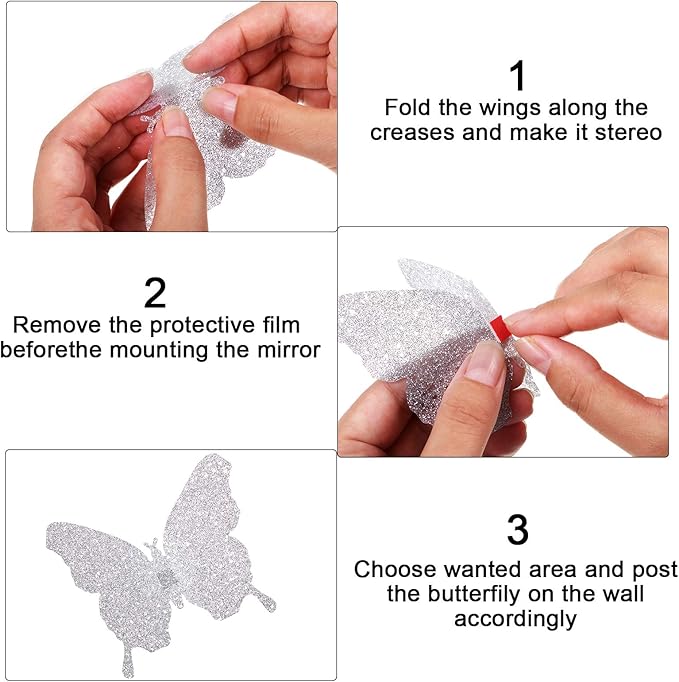 BBTO 48 Pieces Butterfly Wall Decor DIY 3D Mirror Butterfly Stickers Removable Decals Crafts for Birthday Party Bedroom School Bathroom Living Room Decor(Glitter Silver)