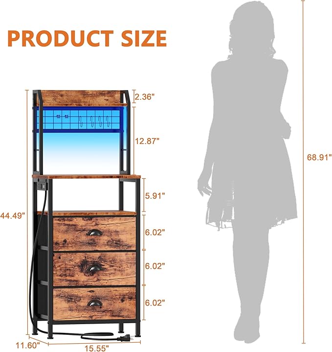 Furologee 44'' Tall Nightstand with Charging Station, Bedside Table with LED Lights, End Table with 3 Drawers and Storage Shelves, Night Stand with Pegboard for Bedroom, Rustic Brown