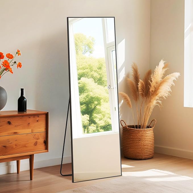 NEWBULIG Full Length Mirror 59.2"x16" for Bedroom, Full Body Mirror with Stand, Hanging or Leaning for Wall, Aluminum Alloy Thin Frame Floor Standing for Living Room, Long, Black