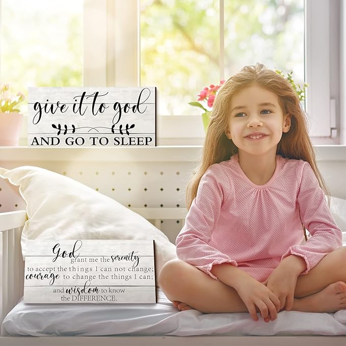 Chunful 2 Pcs Give It to God and Go to Sleep Sign Above Bed Wall Decor Serenity Prayer Sign Prayer Wall Art Rustic Farmhouse Vintage Bedroom Decor for Home(Simple Style)