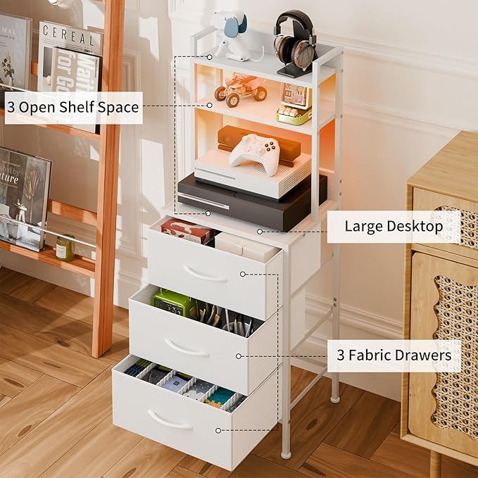 Fixwal Tall Nightstand with Charging Station, 41 Inch Led Night Stand with U-S-B Port & Socket, 3 PU Finished Fabric Storage Drawers, Office, Bed Side Table & Bookshelf in One, White