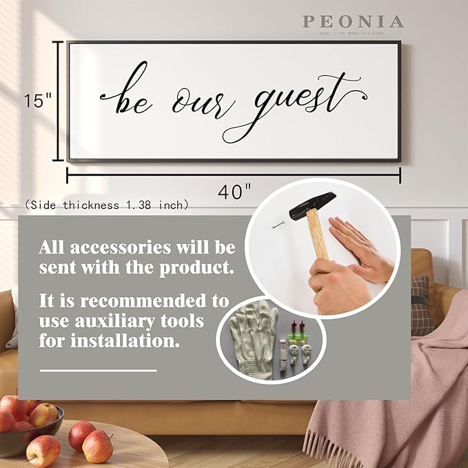 PEONIA 41" x 15" Be Our Guest Wall Decor - Be Our Guest Framed Above Bed for Bedroom Wall Decor Minimalist And Aesthetic Wall Art Canvas Signs (Black)