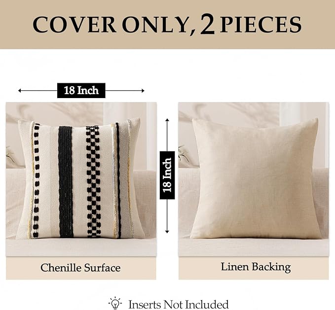 ANRODUO Pack of 2 Boho Decorative Throw Pillow Covers 20x20 Farmhouse Cushion Case Striped Chenille Pillow Cases Square Pillow Covers Accent Neutral Pillowcase for Sofa Couch Bed, Black Stripe