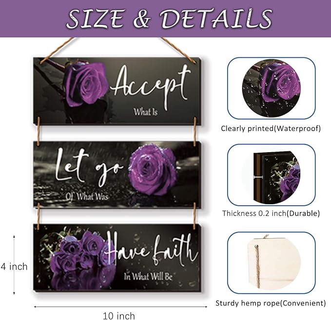 ZINYAZHE 3 Pcs Purple Bathroom Decor Inspirational Wall Decor Wooden Rose Wall Art Bedroom Wall Art With Accept Let Go Have Faith Quotes For Girl Women Office Living Room(Purple 10 x 4 Inch)