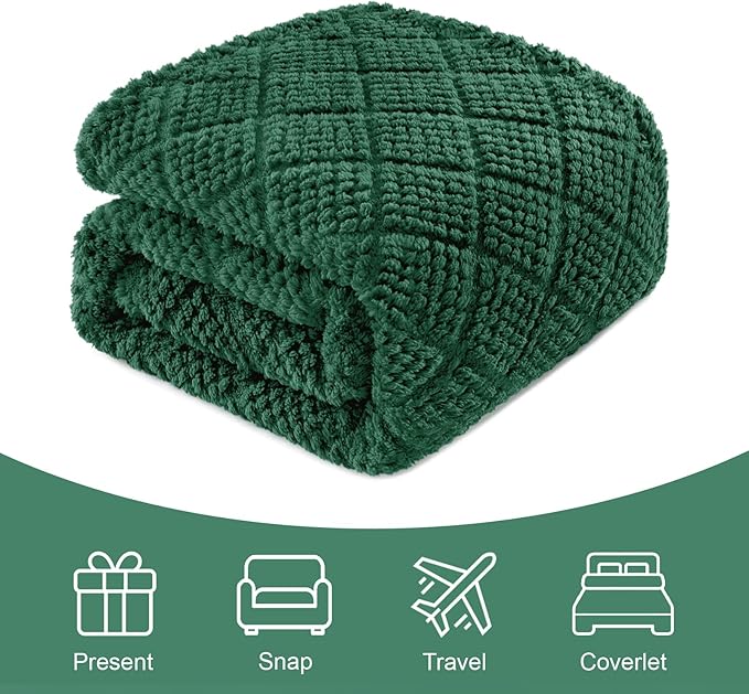 Whale Flotilla Fuzzy Fleece Queen Size Blanket for Bed, Soft Fluffy Jacquard Waffle Blankets for All Season, Lightweight and Warm, 90x90 Inch, Emerald Green