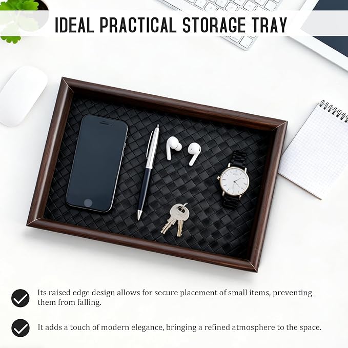 Wooden Valet Tray Desk Organizer with Leather Base,Nightstand, Entryway Bedside Dump Holder for Wallets, Keys, Watches, Jewelry & Sunglasses