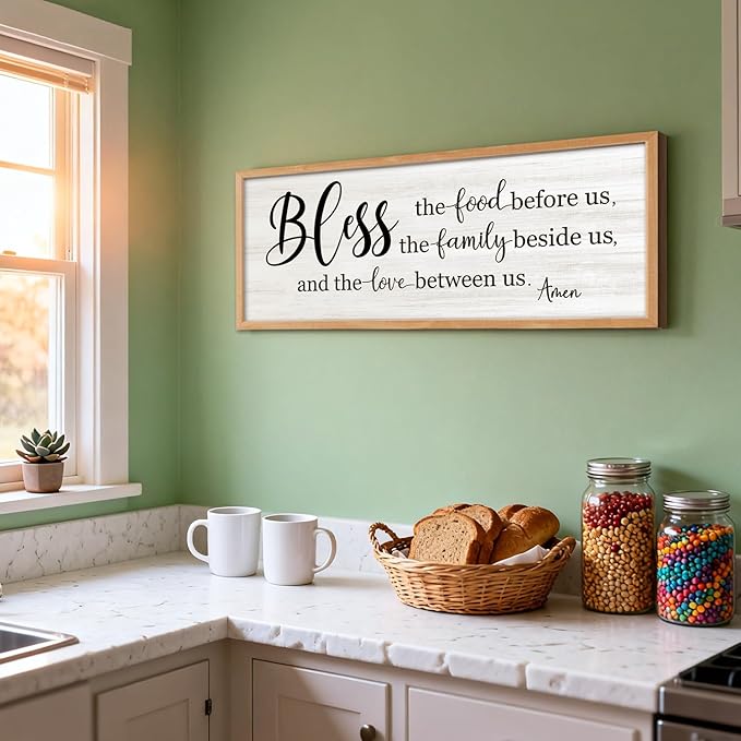 Bless the Food Before Us, the Family Beside Us, and the Love between us Framed Wall Art for Dining Room, 40''×15'' Holy Positive Religious Rustic Bible Verse for Christian God Jesus Christ Prayer