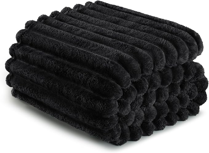 Exclusivo Mezcla Fleece Throw Blanket for Couch, Super Soft Striped Jacquard Bed Blanket, Lightweight Fuzzy Cozy for All Seasons, 50x60 Inches, Black