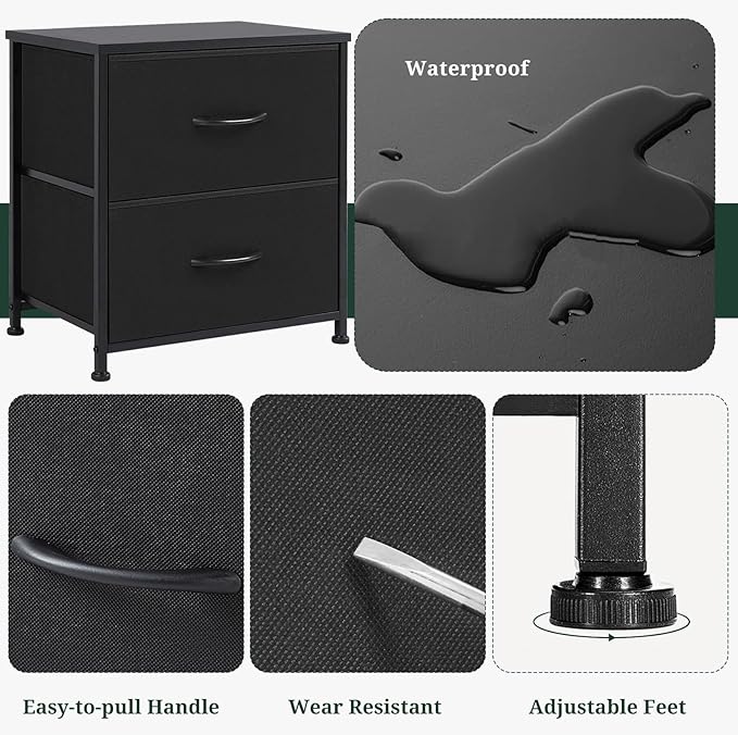 Nightstand Set of 2, Small 2 Drawer Dresser End Table Bedside Furniture, Wooden Top Fabric Bins for Bedroom, Closet, Entryway, Dorm, 11.8" D x 18" W x 20", Black