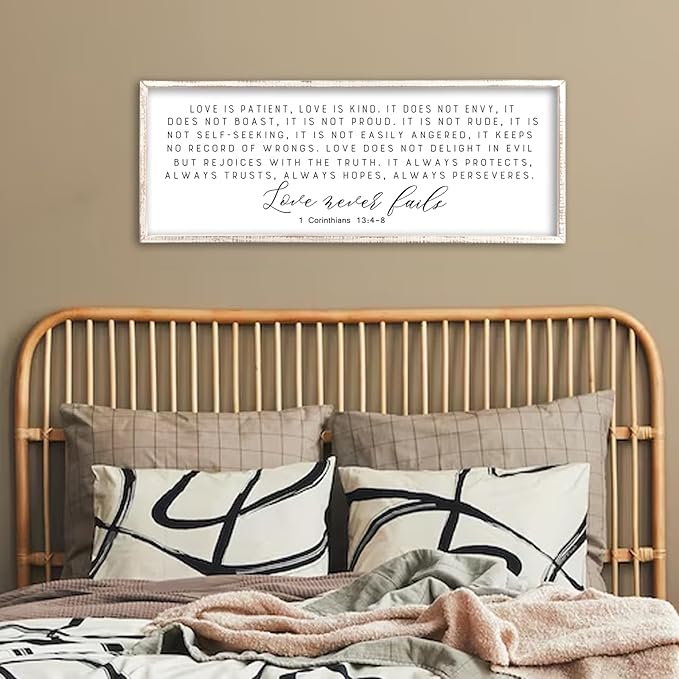 Love is Patient Kind Sign Wall Art 40"X15" 1 Corinthians 13 Bible Verse for Bedroom Above Over Bed Christianity Large Wood Framed Wall Hanging Decor (White）