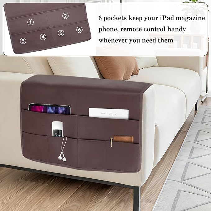 PU Leather Couch Organizer Caddy Sofa Armrest Organizer, Remote Control Holder for Recliner, Waterproof Armchair Caddy with 6 Pockets Storage for Magazine, Tablet, Phone, Remote (Red Brown)